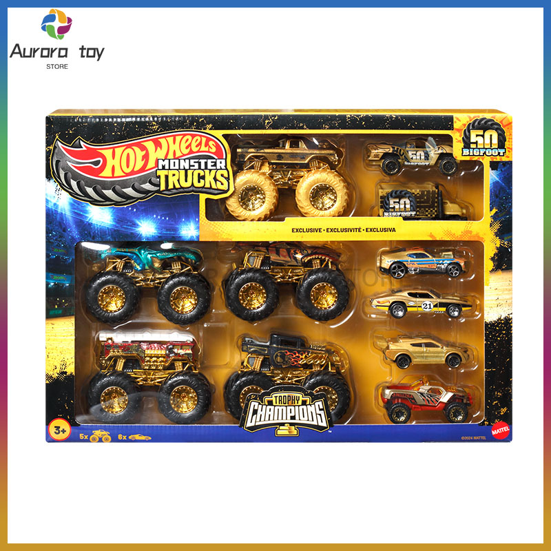 Hot Wheels Car Monster Trucks - รถบรรทุกมอนสเตอร์ฮอทวีลส์ใหม่ การทำลายครบรอบ 50 ปี ชุดประกอบรถรุ่นโกลเด้น รวบรวมโมเดลที่กำหนดเองของขวัญวันเกิดของเล่น